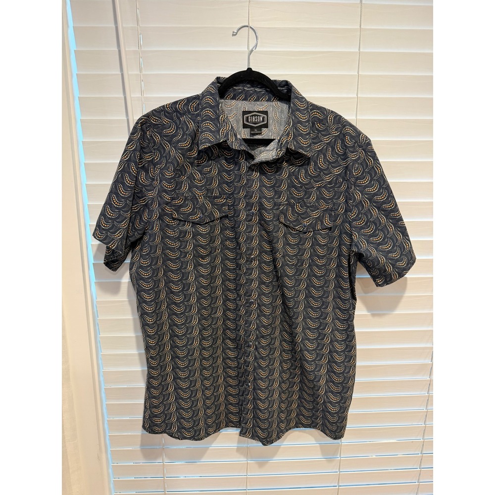 Gibson Trading Co Mens XL Western Snap Shirt Short Sleeve Navy Orange Wave Print